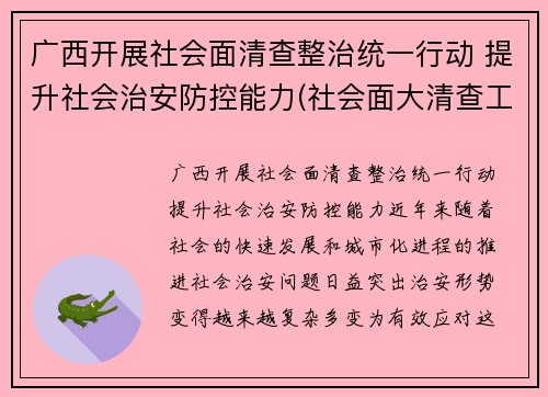 广西开展社会面清查整治统一行动 提升社会治安防控能力(社会面大清查工作)