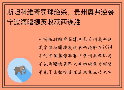 斯坦科维奇罚球绝杀，贵州奥弗逆袭宁波海曙捷英收获两连胜