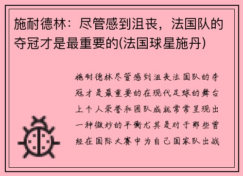 施耐德林：尽管感到沮丧，法国队的夺冠才是最重要的(法国球星施丹)