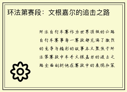 环法第赛段：文根嘉尔的追击之路