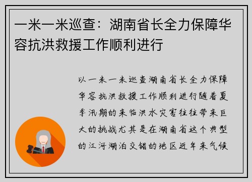 一米一米巡查：湖南省长全力保障华容抗洪救援工作顺利进行